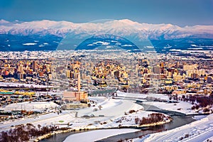 Asahikawa, Japan winter cityscape in Hokkaido. photo