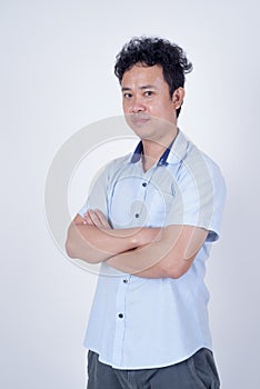 Asain Curly head man half body shot portrait on white backgroun