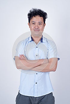 Asain Curly head man half body shot portrait on white backgroun