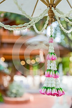 Asain white and pink flower wedding decoration in wedding ceremony day