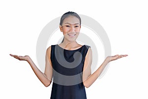 Asain woman with arm out in a welcoming gesture