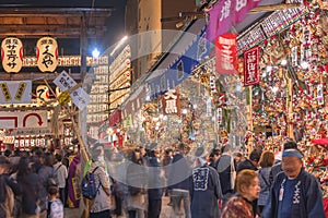 Exhibition of auspicious bamboo rakes during the Tori-no-Ichi Fair helds in Ootori shrine.