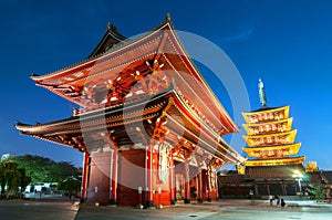 Asakusa, Tokyo at Sensoji Temple`s Hozomon Gate and five storied pagoda, Japan