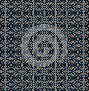 Asanoha grid pattern in gold and blue color. Decorative seamless background.