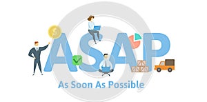 ASAP, as soon as possible. Concept with keywords, letters and icons. Flat vector illustration. Isolated on white