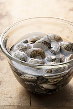 Asari clams in a glass bowl