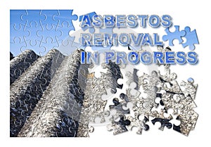 Asbestos removal in progress concept image - Image in puzzle shape photo