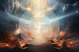 Stairway to heaven with light rays and clouds. 3D rendering Ai generative