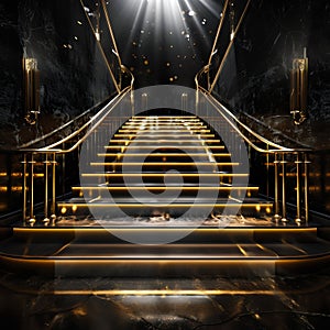 Ascend to Luxury: Stairway Illuminated by Golden Lights. Generative ai