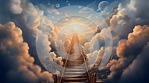 Ascending Beyond Horizons: Ethereal Illustration of a Staircase Reaching Towards the Heavenly Skies
