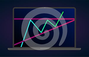 Ascending bullish triangle breakouts flat laptop icon. Vector stock and cryptocurrency exchange graph, forex analytics and trading