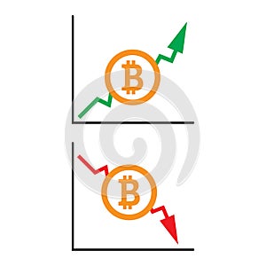 Ascending and descending charts with bitcoin coin on a white background