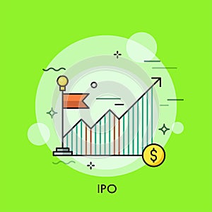 Ascending graph or chart, red flag and dollar coin. Concept of IPO, initial public offering or stock market launch