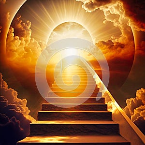 ascending stairs to the sun. God is great bright, generative AI