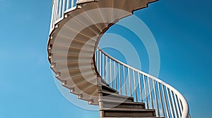 Ascending to the Sky: Low Angle Shot of Curved Spiral Stairs with Blue Sky Background, Generative AI