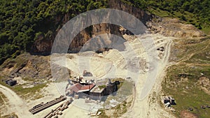 ascending view of bricks small warehouse in the nonurban area, aerial shot photo