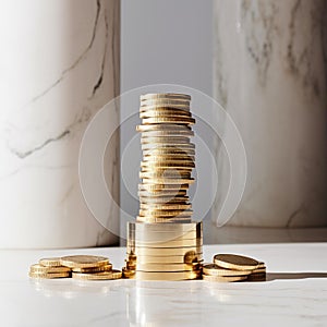 Ascending Wealth: Abstract Stack of Gold Coins on Polished Marble Floor