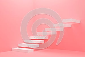 Ascending white stairs of rising staircase going upward in pink empty room, growth and successful concep