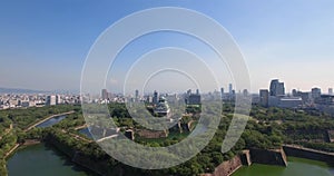 Ascending Wide Angle Osaka Castle Aerial Shot