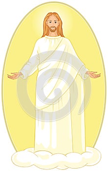 Ascension of Jesus Christ in white robes standing on a cloud with arms open