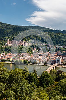 Ascent to the Philosophers` Way with a view of the Heidelberg Castle and the Old Bridge, Heidelberg, Baden Wuerttemberg