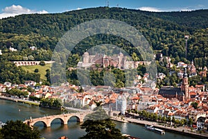 Ascent to the Philosophers` Way with a view of the Heidelberg Castle and the Old Bridge, Heidelberg, Baden-Wuerttemberg, Germany