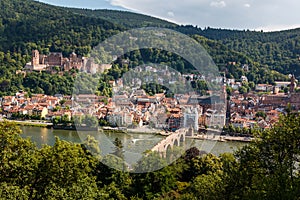 Ascent to the Philosophers Way with a view of the Heidelberg Castle and the Old Bridge, Heidelberg, Baden-Wuerttemberg, Germany