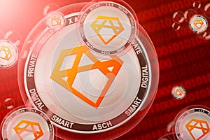 Asch XAS crash, bubble. Asch XAS cryptocurrency coins in a bubbles on the binary code background