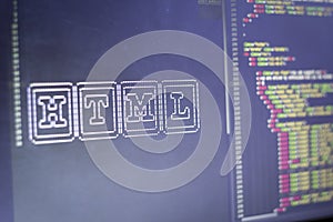 ASCII art of HTML technology name and real HTML code aside photo