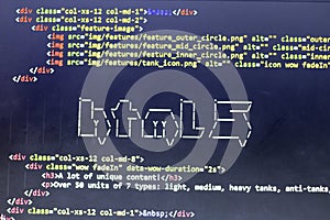 ASCII art of HTML technology name and real HTML code aside