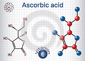 Ascorbic acid vitamin C. Structural chemical formula and molec