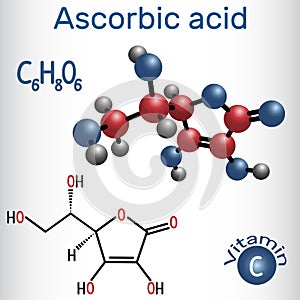 Ascorbic acid vitamin C. Structural chemical formula and molec photo