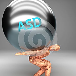 Asd as a burden and weight on shoulders - symbolized by word Asd on a steel ball to show negative aspect of Asd, 3d illustration