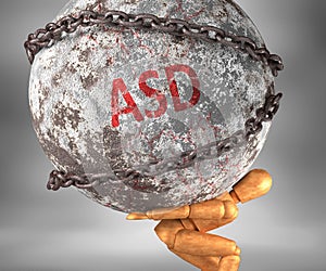 Asd and hardship in life - pictured by word Asd as a heavy weight on shoulders to symbolize Asd as a burden, 3d illustration