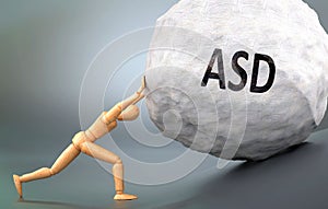 Asd and painful human condition, pictured as a wooden human figure pushing heavy weight to show how hard it can be to deal with