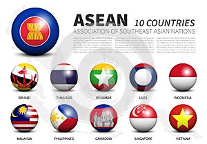 ASEAN . Association of Southeast Asian Nations . 3D circle balls and member flags design . Southeast asia map with white isolated