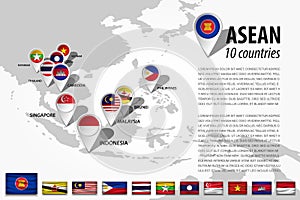 ASEAN Association of Southeast Asian Nations and GPS navigator location pin with country flag of membership on world map . Vec