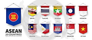 ASEAN . Association of Southeast Asian Nations . and membership flags . 3D realistic pennant hanging design . White isolated