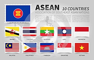 ASEAN . Association of Southeast Asian Nations . and membership flags . Flat rectangular stamp design . Vector