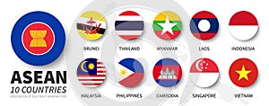 ASEAN . Association of Southeast Asian Nations . and membership flags . Flat simple circle design . Vector