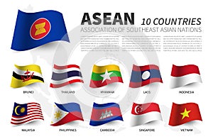 ASEAN . Association of Southeast Asian Nations and membership . Waving flags design . Southeast asia map background . Vector