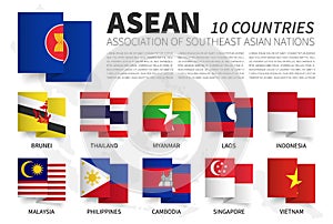 ASEAN . Association of Southeast Asian Nations and membership . Waving zig zag ribbon flag design . South east asia map on