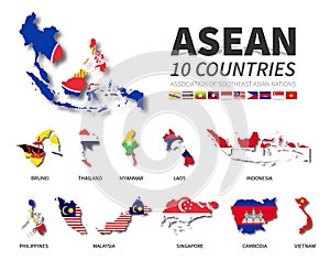ASEAN . Association of Southeast Asian Nations . Set of flat design country map and national flag of member with shadow . White