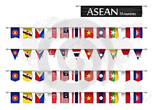 ASEAN Association of Southeast Asian Nations and various shape nation flag of country membership hanged on pole and world map