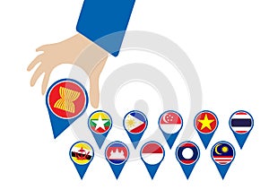 ASEAN Economic Community , AEC in businessman hand pin, for design present in