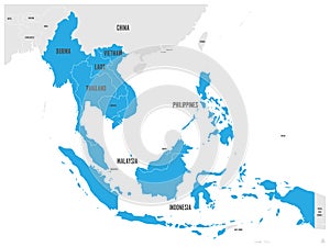 ASEAN Economic Community, AEC, map. Grey map with blue highlighted