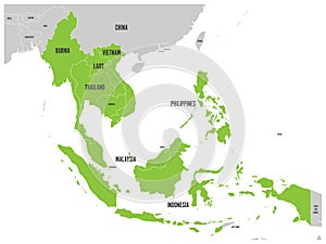 ASEAN Economic Community, AEC, map. Grey map with green highlighted member countries, Southeast Asia. Vector