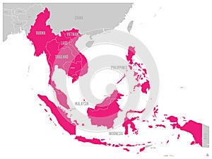 ASEAN Economic Community, AEC, map. Grey map with pink highlighted member countries, Southeast Asia. Vector illustration