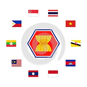 ASEAN emblem and Flag of countries members in Southeast Asia