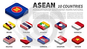 ASEAN flag and membership and southeast asia map background . Isometric top design . Vector